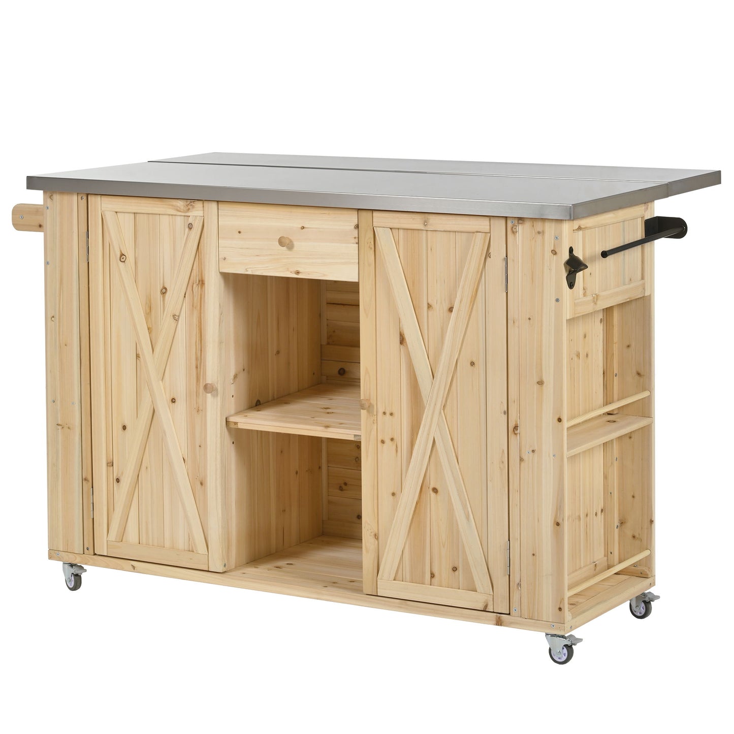 Outdoor Kitchen Island Fir Wood Kitchen Island With Stainless Steel Top, Ample Storage Space, Towel And Spice Racks And A Bottle Opener For Outdoor - Natural