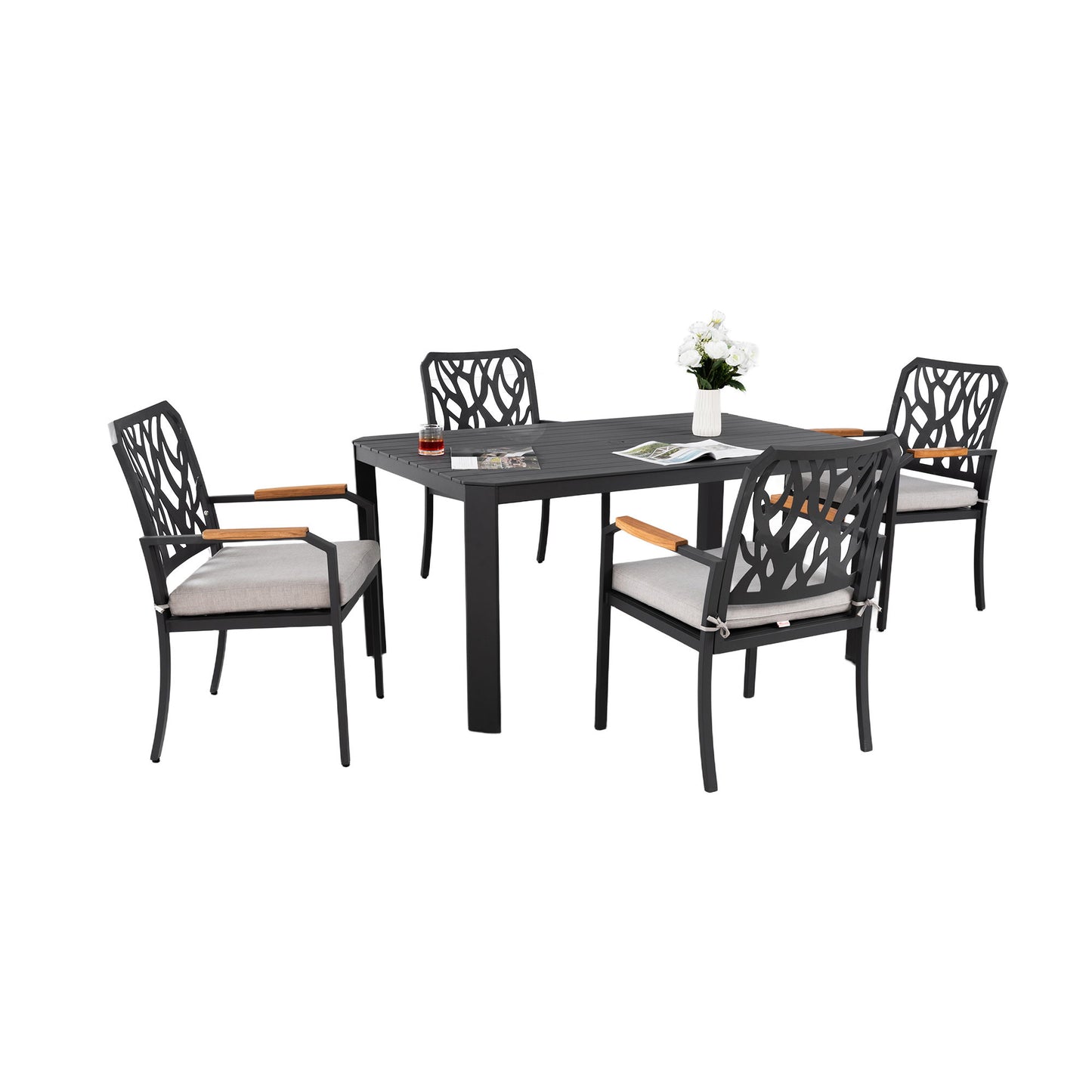 5 Pieces Outdoor Patio Aluminum Furniture Set, Rectangular Table With Umbrella Hole - Bourbon Brown