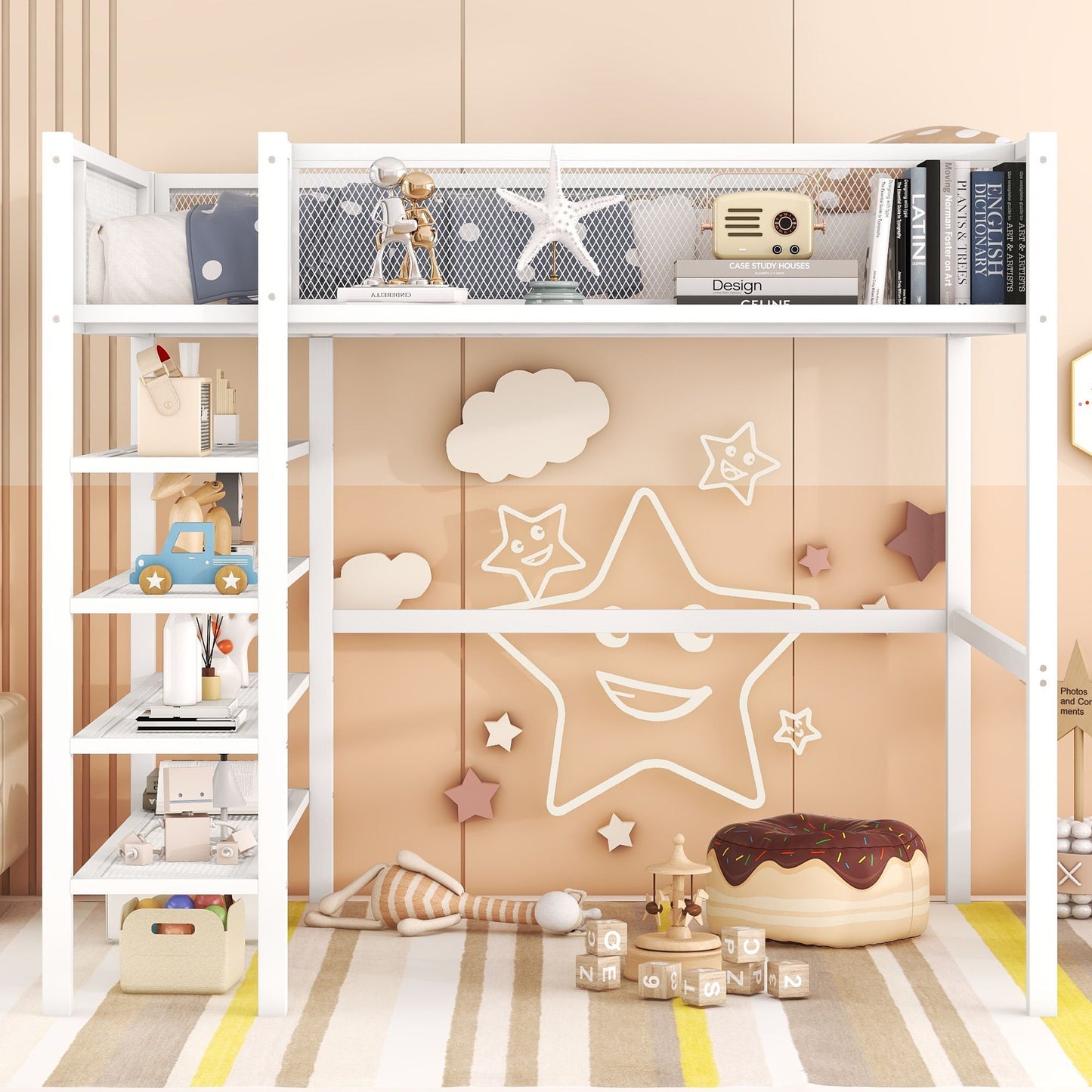 Full Size Loft Bed With 4 Tier Shelves And Storage - White