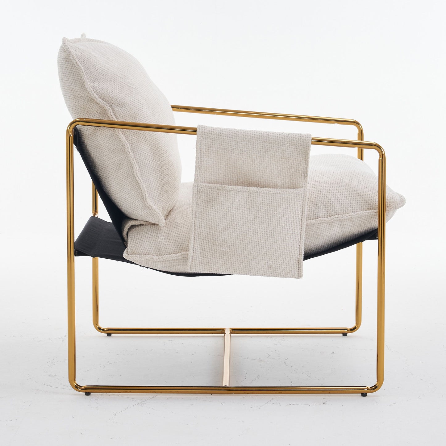 Upholstered Hanging Armchair With Arm Pocketsmetal Frame, Gold-Plated Craftsmanship, Crushed Foam Cushions And Skin-Friendly Woven Fabric For Living Room (Set of 2) - Beige