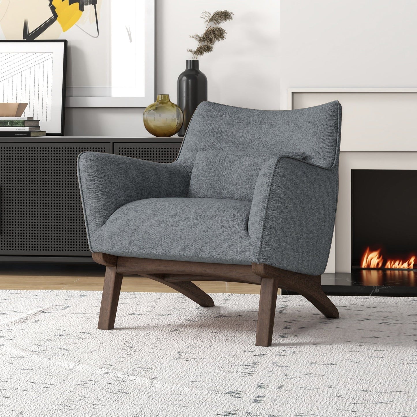 Brayden - Mid-Century Modern Side Linen Armchair - Gray / Wood