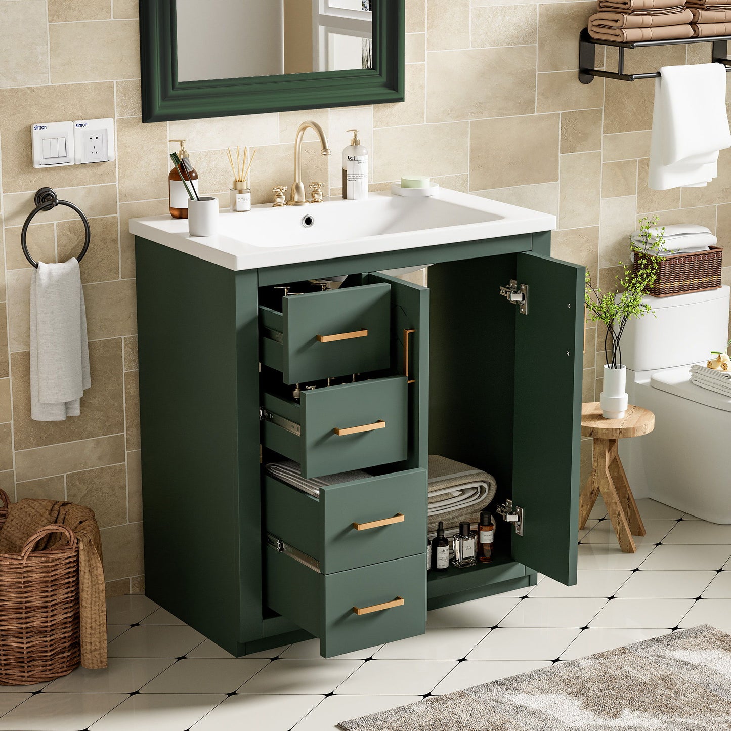 Bathroom Vanity With Ceramic Sink Combo, Frame Bathroom Storage Cabinet, Freestanding Vanity Set With 3 Drawers & Soft Closing Doors - Green