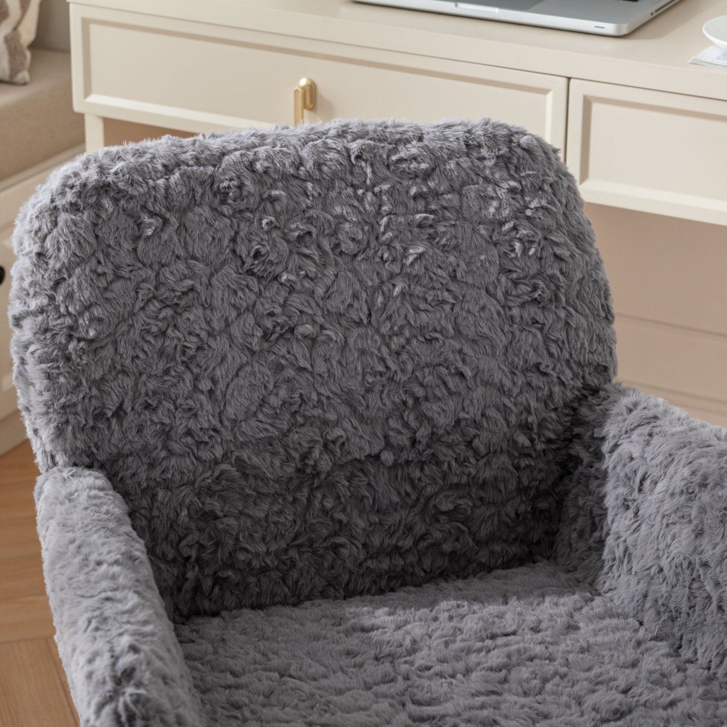 Office Chair, Artificial Rabbit Hair Home Office Chair With Golden Metal Base, Adjustable Desk Chair Swivel Office Chair, Vanity Chair - Gray