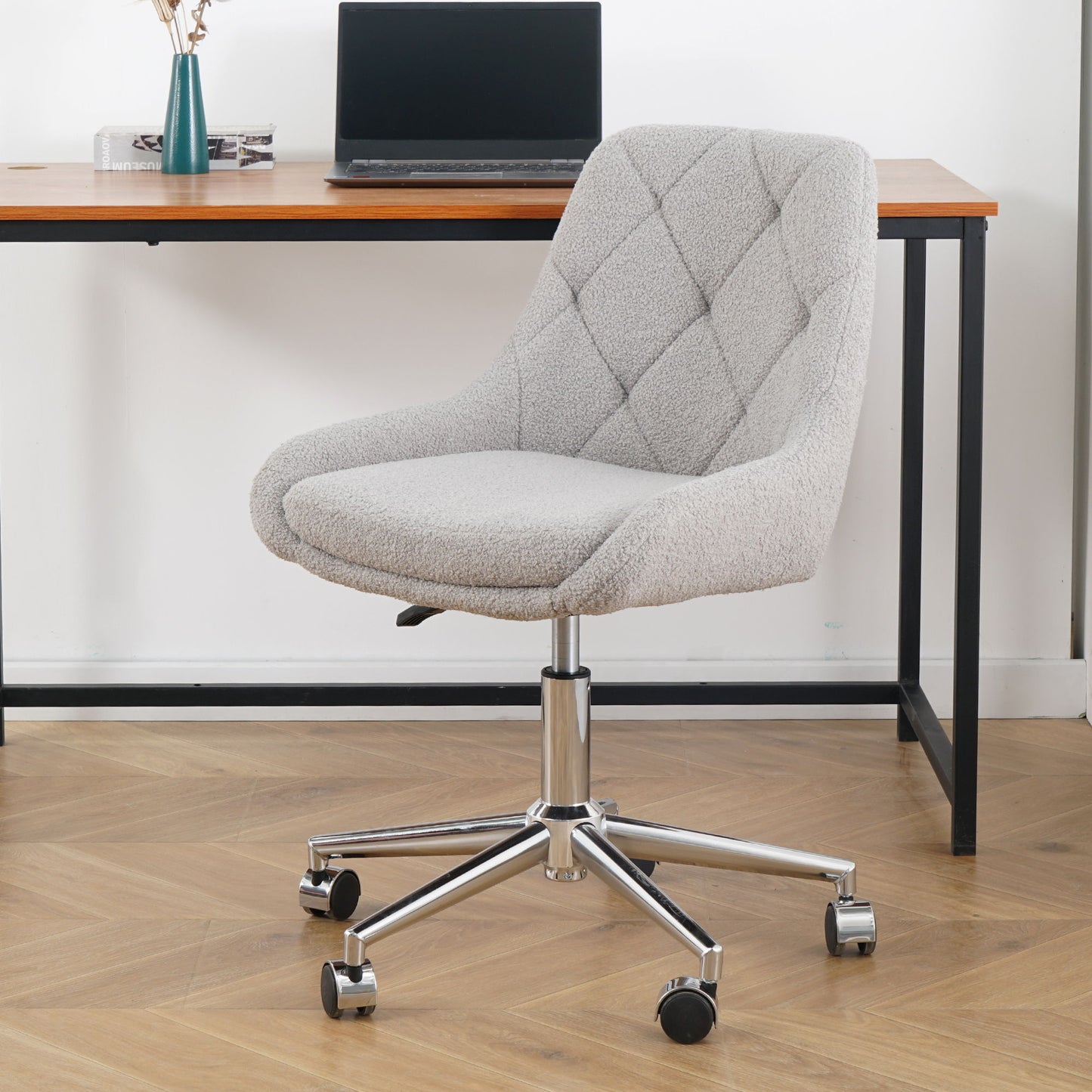 Modern Teddy Fleece Fabric Dining Chair With Chrome Legs, Soft And Comfortable - Gray