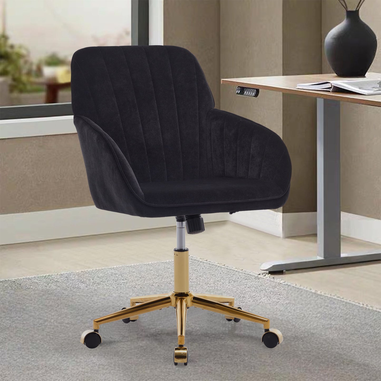 Adjustable Office Chair, Ergonomic Swivel Chair Velvet, Comfortable For Long Sitting - Black