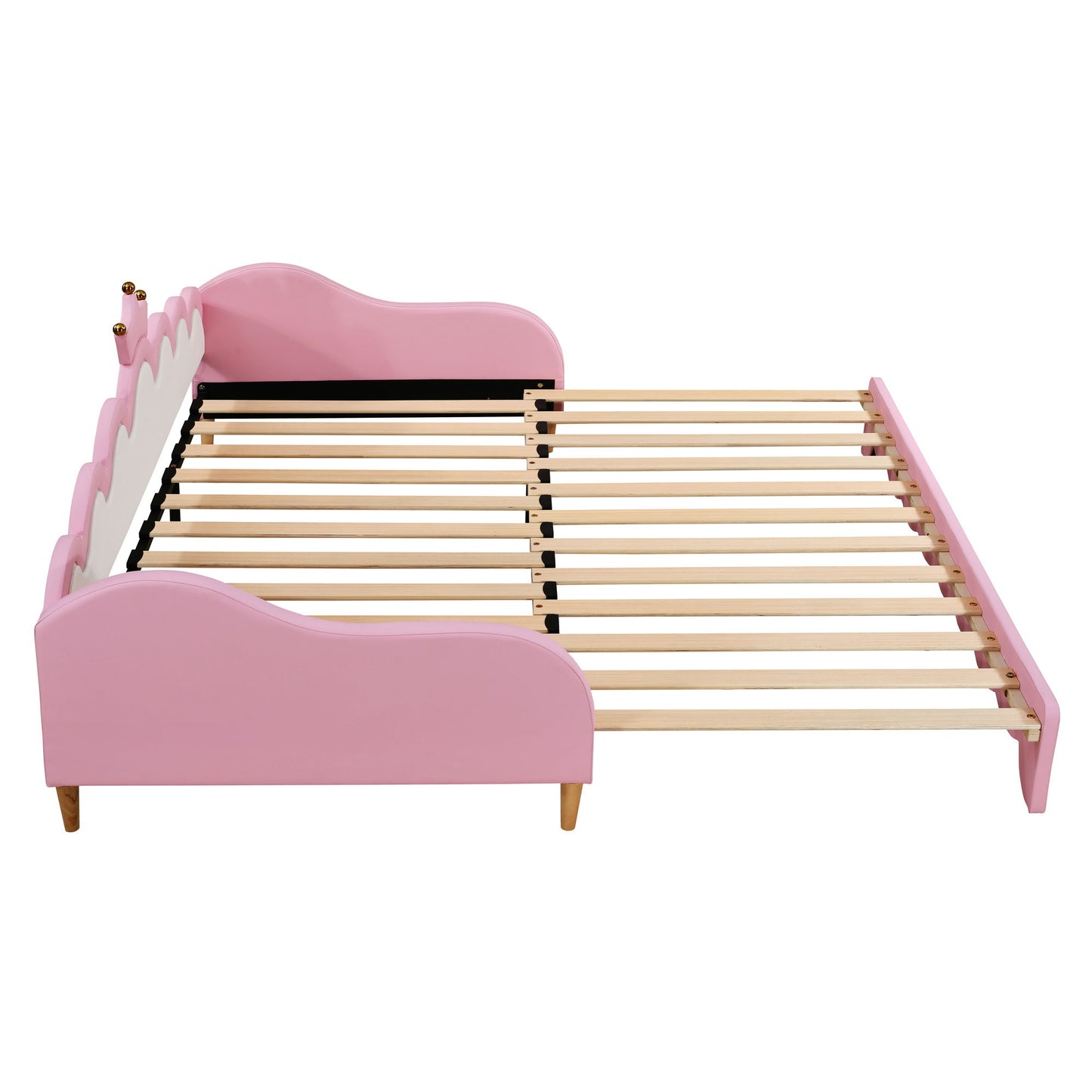 Twin Extending Daybed With LED Lights, Modern Upholstered Princess Daybed With Crown Headboard - Pink