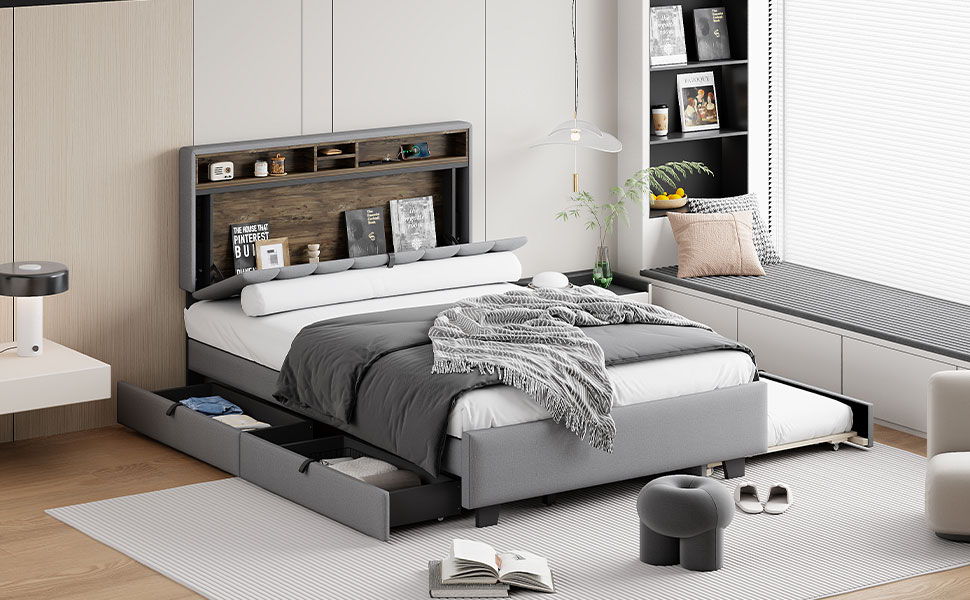 Full Size Upholstered Platform Bed With Storage Headboard, Twin Size Trundle & 2 Drawers And A Set Of Sockets & USB Ports - Gray