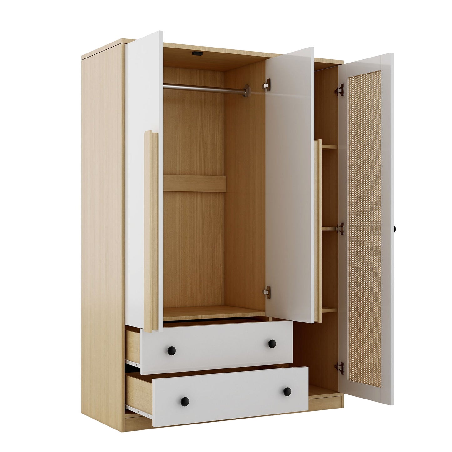3 Doors Rattan Wardrobe Storage For Bedroom, With 2 Drawers - White / Nature