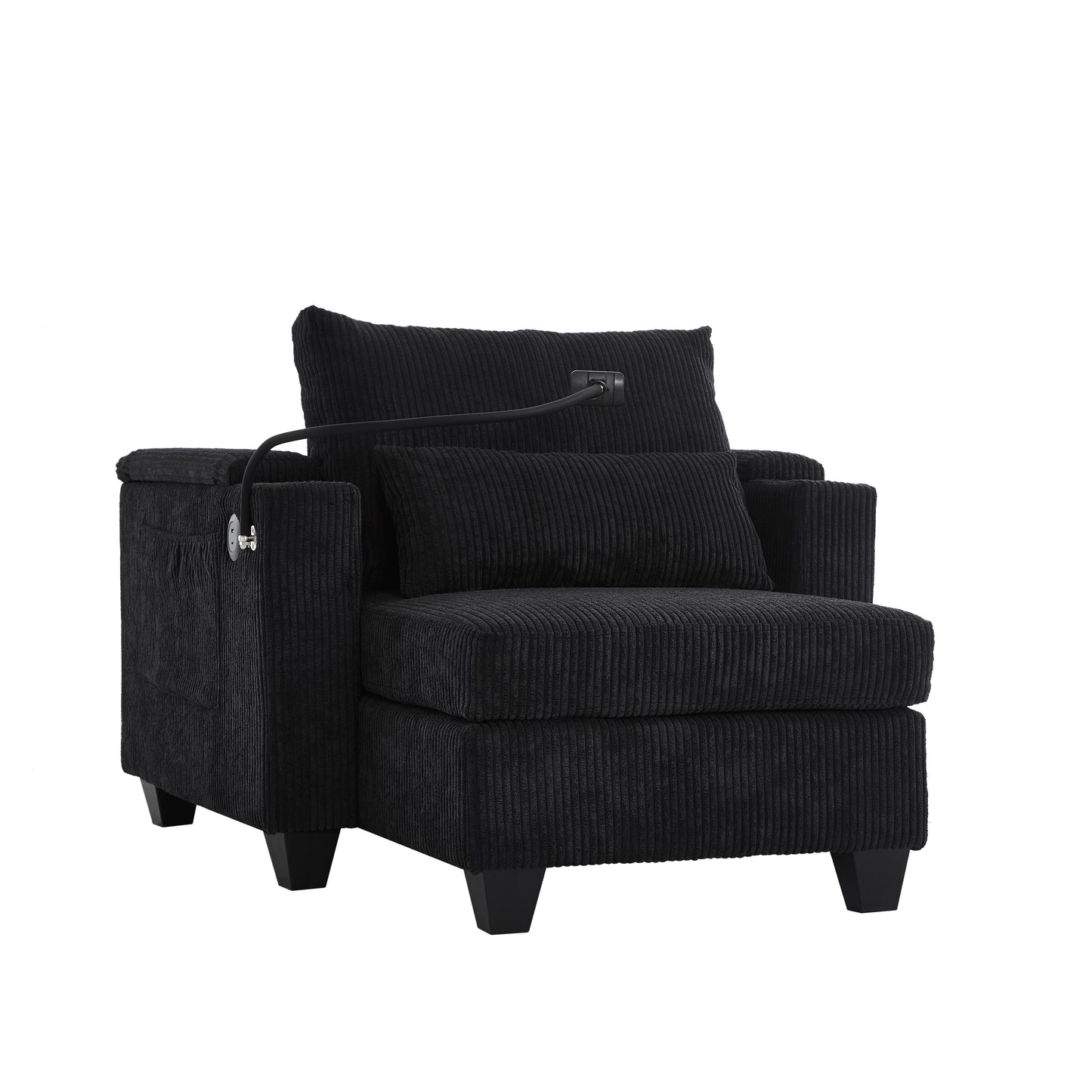 Convertible Chaise Lounge Sofa Chair Bed With USB Ports, Cup Holders & Storage - Black
