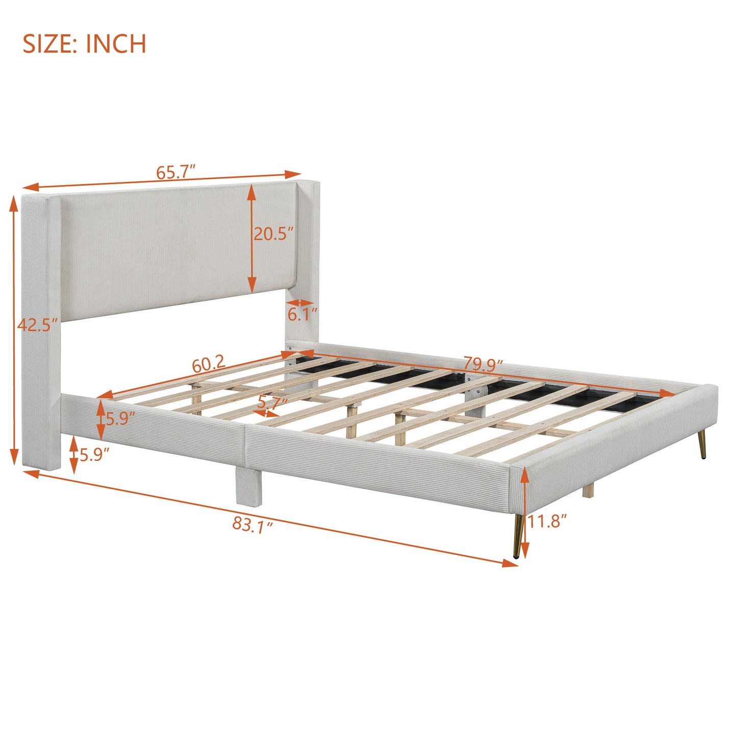 Queen Size Platform Bed With Legs, Frame And Tufted Headboard - Beige