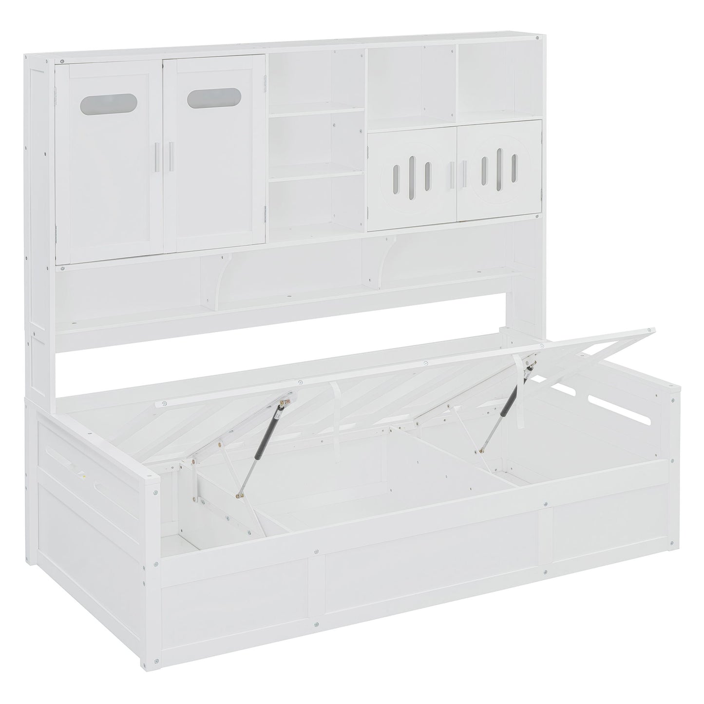 Twin Size Wooden Daybed With Hydraulic Bed And All In One Cabinet And Shelf - White