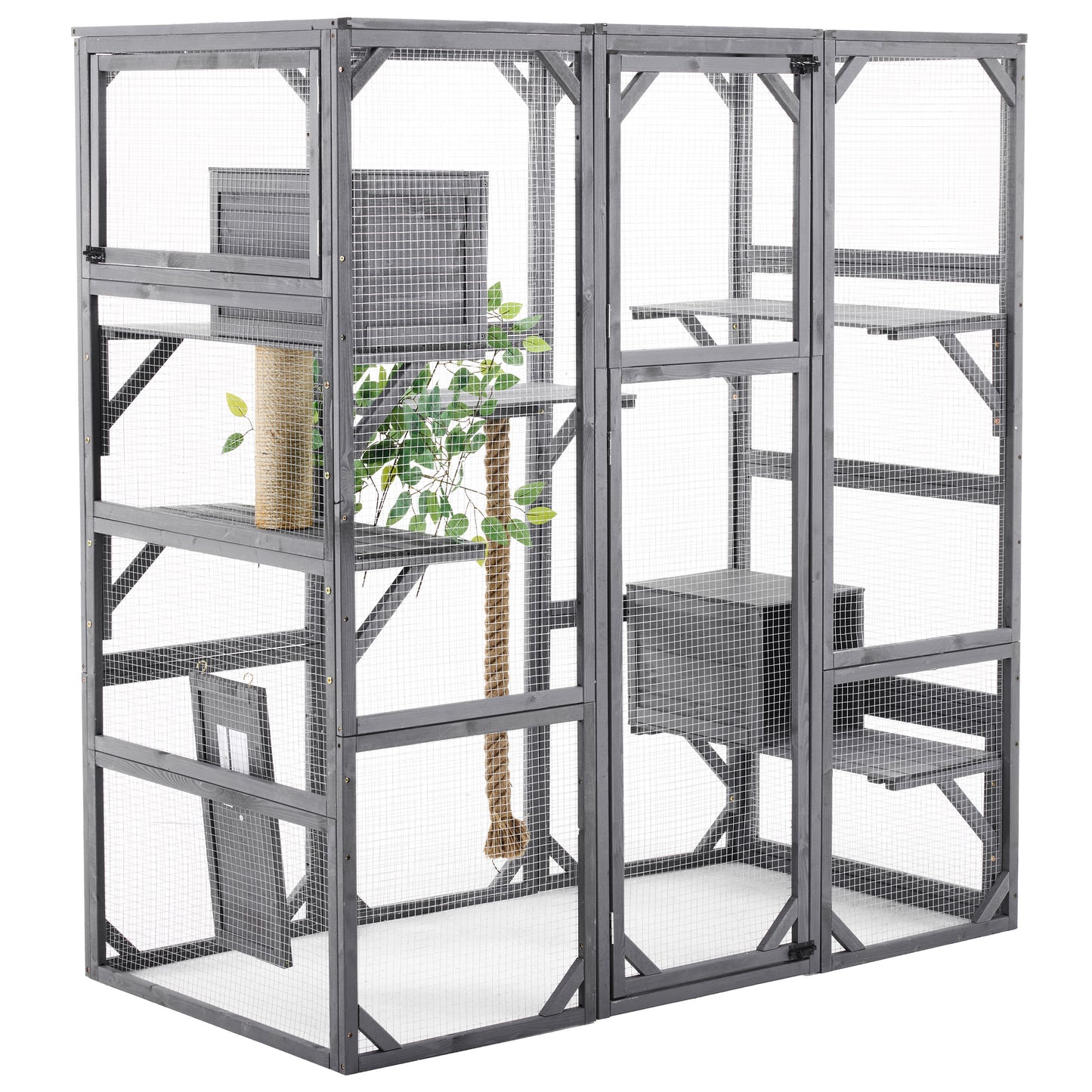 Outdoor Diy Cat House Catio With Double Enter Doors, Platforms, And Condos - Dark Gray
