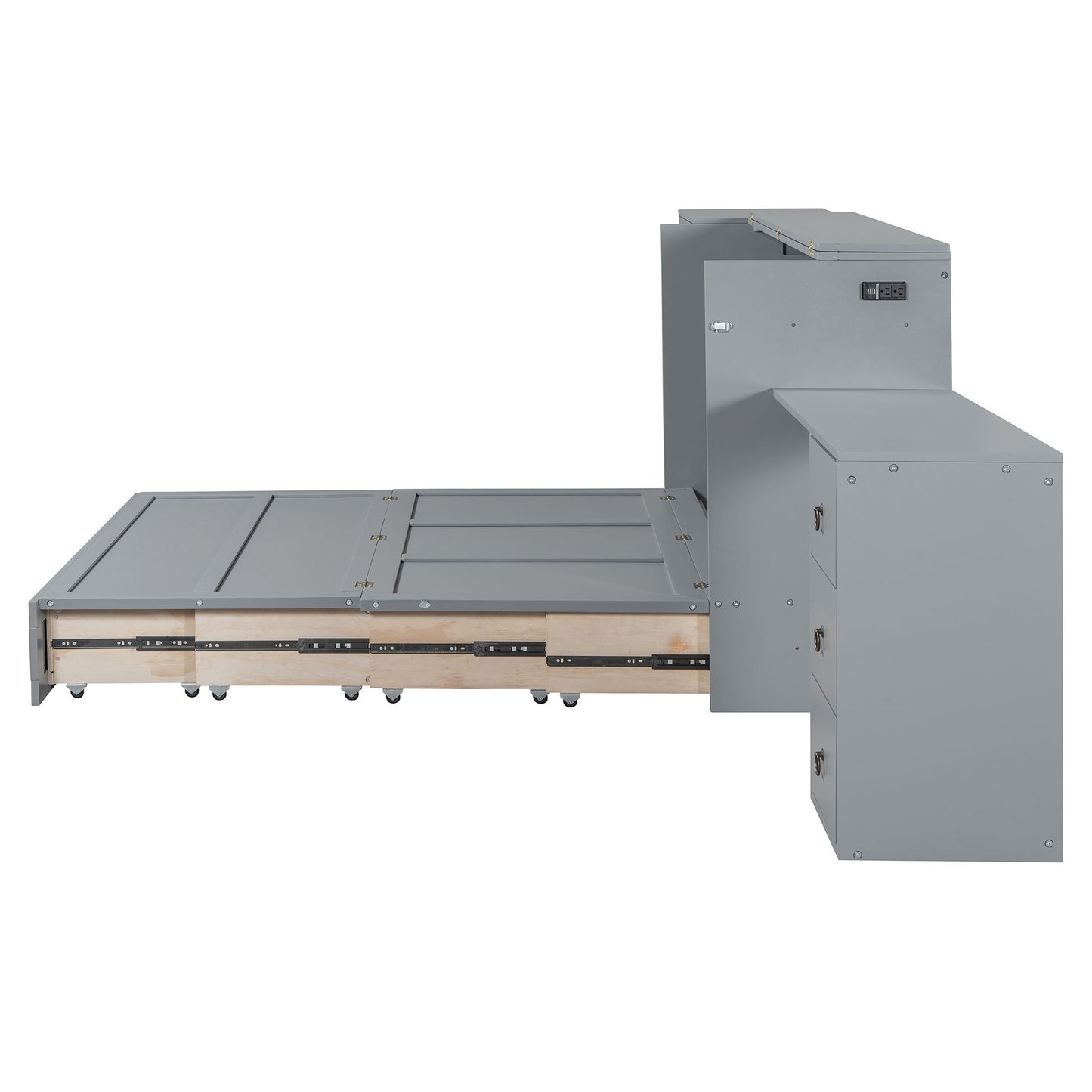 Queen Size Murphy Bed With USB Port, Large Drawer, And Wardrobe / Desk Combo Versatile Cabinet Bed - Gray