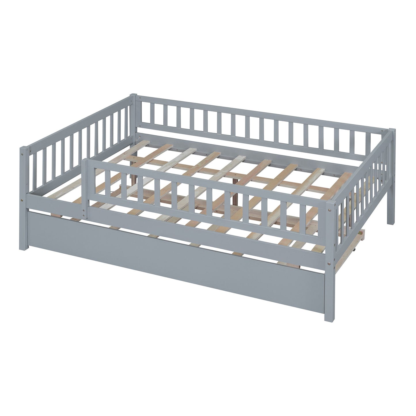 Full Size Daybed With Trundle And Fence Guardrails - Gray