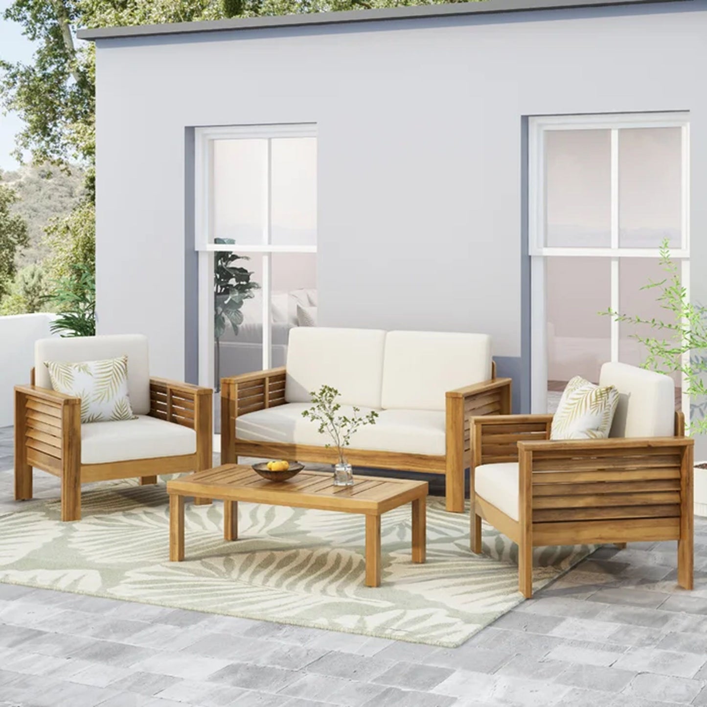 Acacia Wood Loveseat And Coffee Table Set With Cushions - Brown