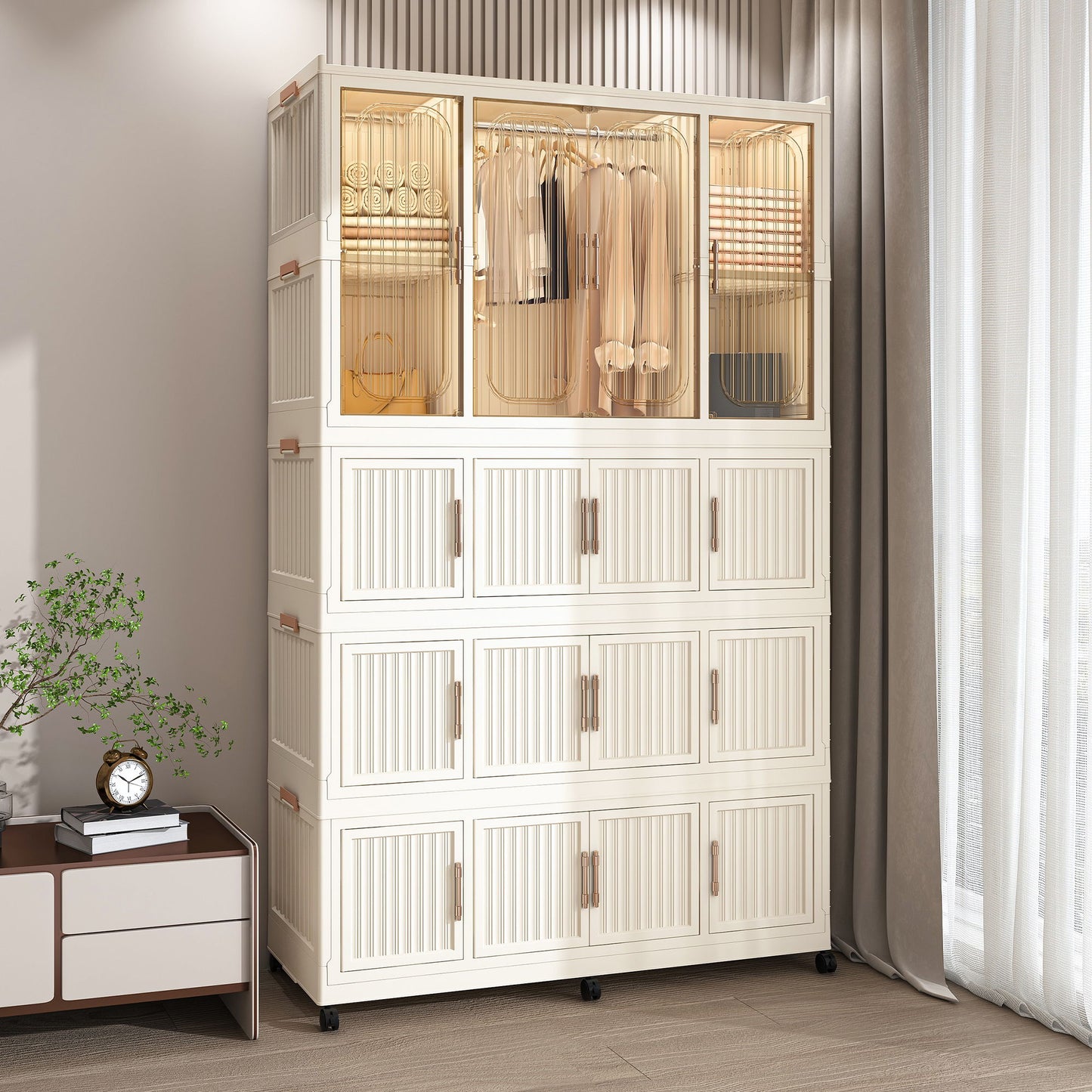 Portable Wardrobe Closet Storage Organizer With Magnetic Doors, Polypropylene - Cream White
