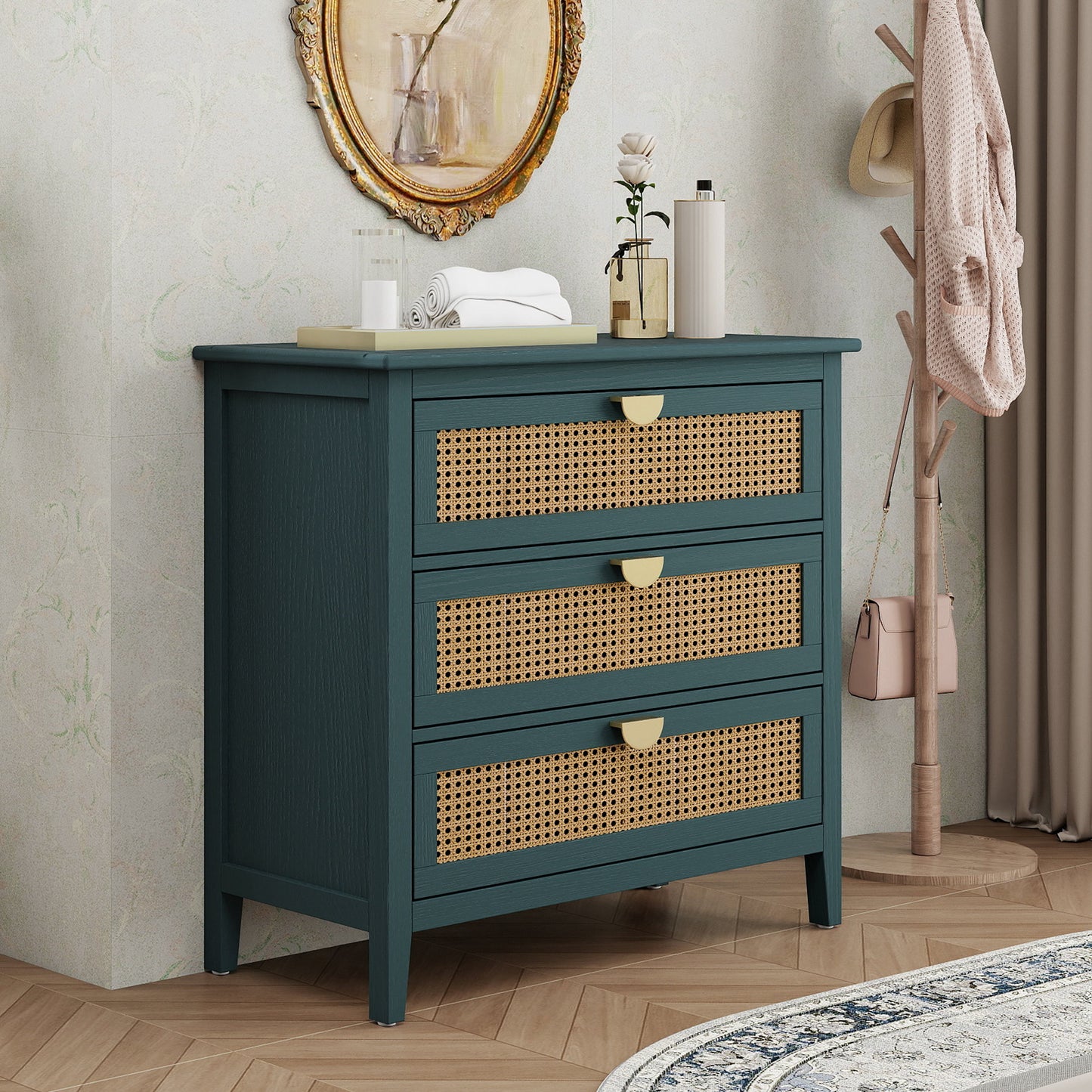 3 Drawer Cabinet - Natural Rattan, Suitable For Bedroom - Green