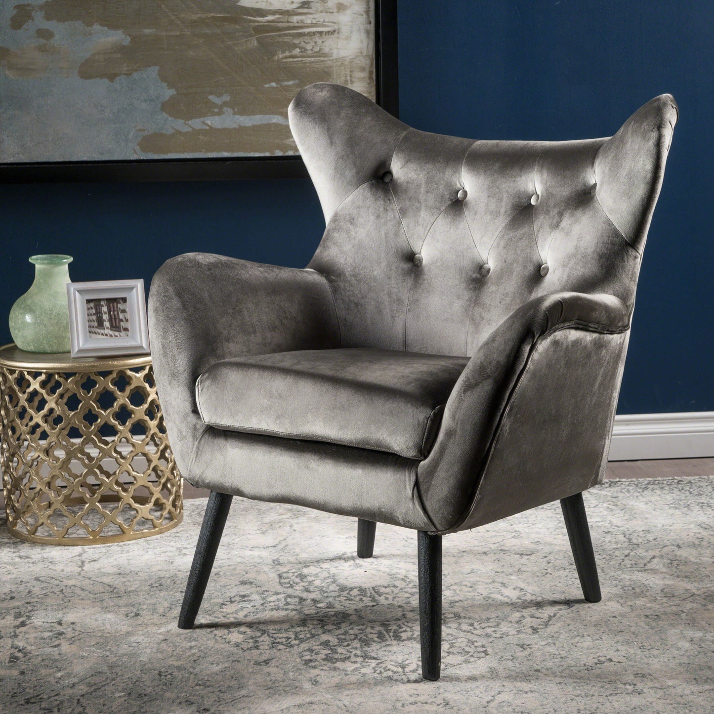 Modern Velvet Arm Chair With Tufted Wingback Design - Gray