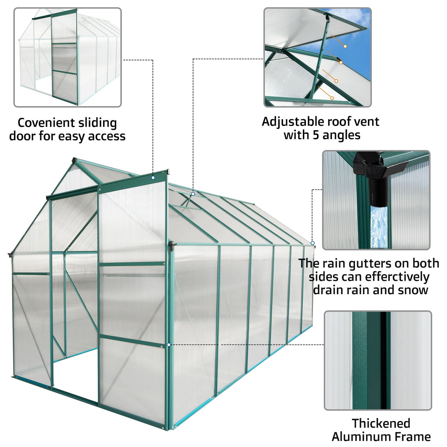6X12 Ft Polycarbonate Greenhouse Raised Base And Anchor Aluminum Heavy Duty Walk-In Greenhouses For Outdoor Backyard In All Season - Green