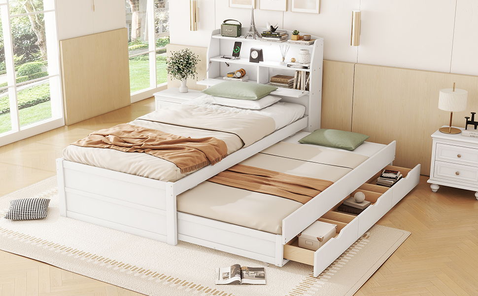 Twin Size LED Platform Bed With Trundle With Storage Headboard With Drawers - White