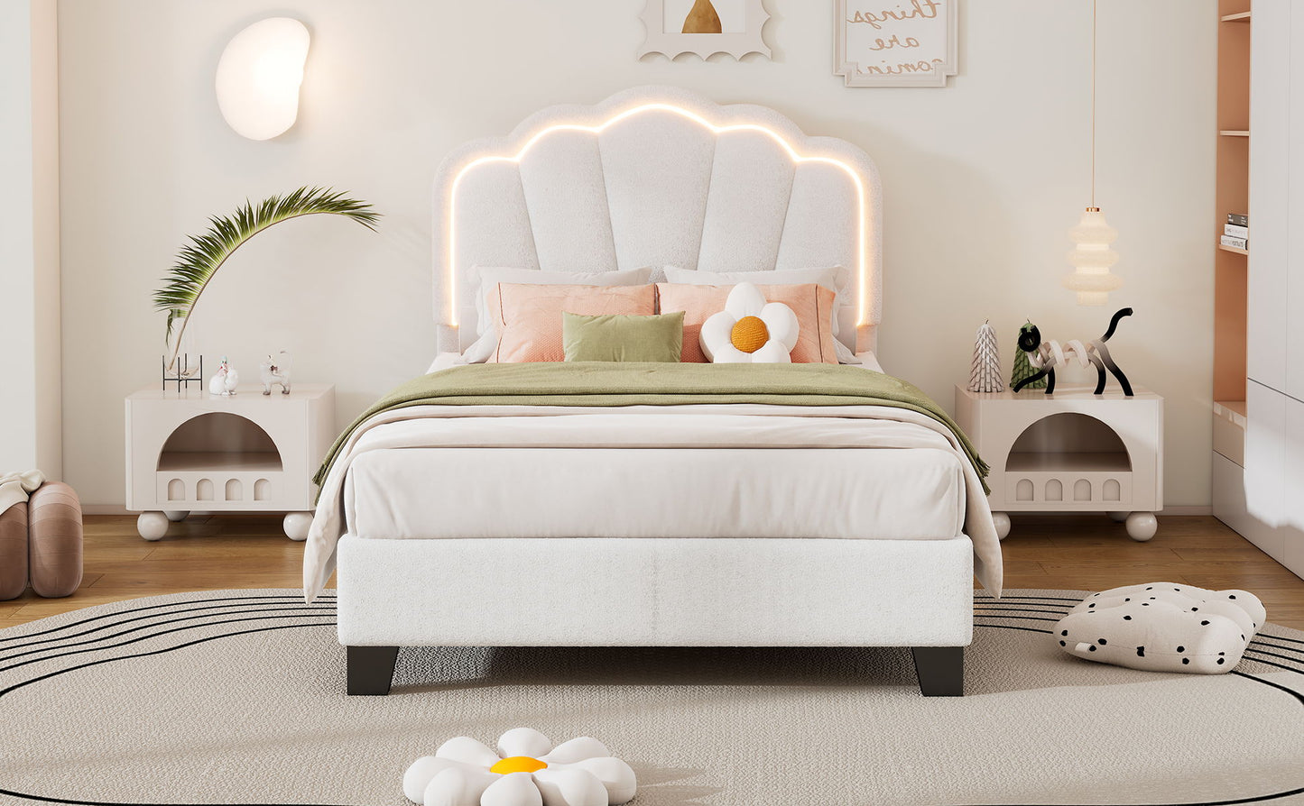 Twin Size Upholstered Flower-Shape Bed, Elegant Flowers Headboard With LED Light Strip, Sherpa Fabric Platform Bed With Slats Support - White