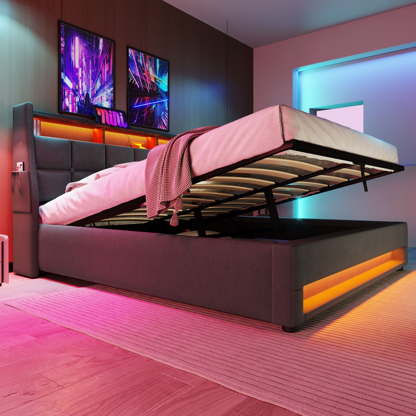 Full Size Upholstered Platform Bed With A Hydraulic Storage System, LED And USB Charging (Without Mattress) - Gray