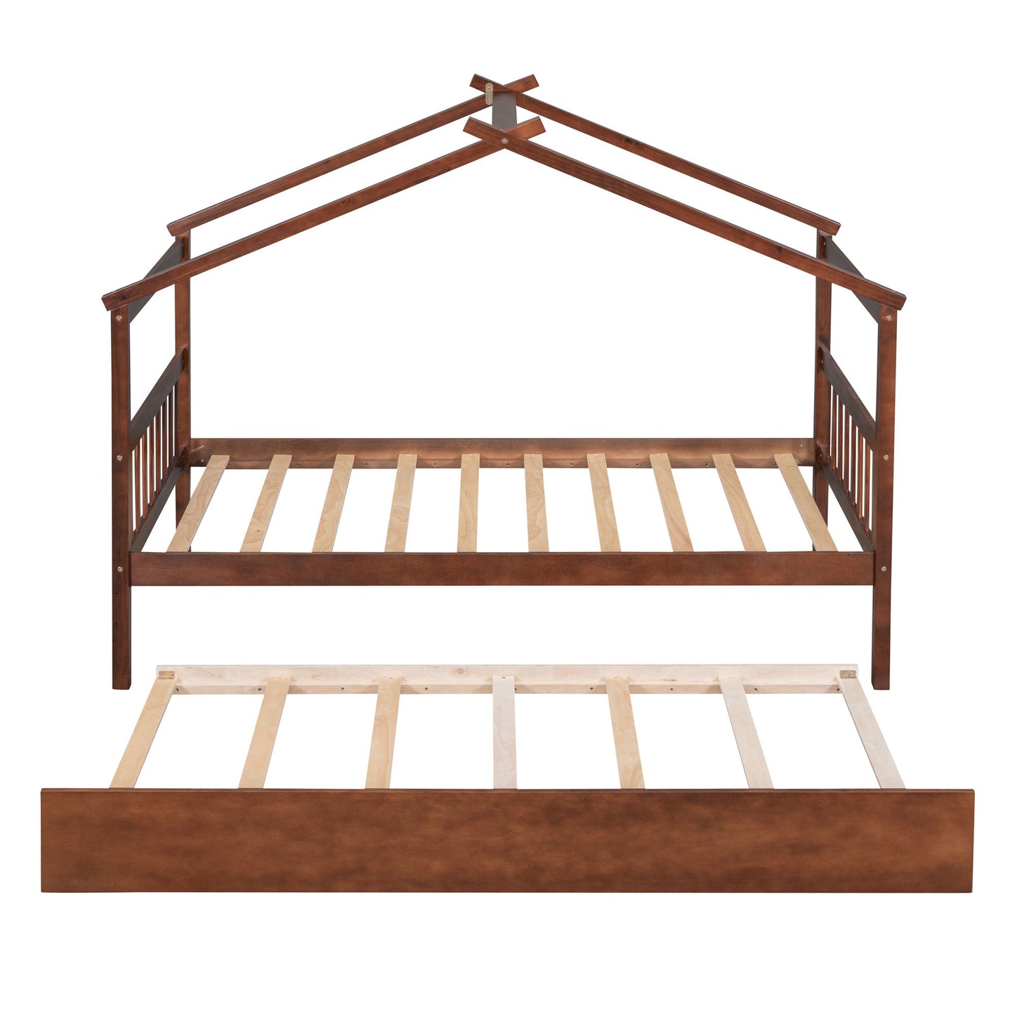Twin Size House Bed With Twin Size Trundle - Walnut