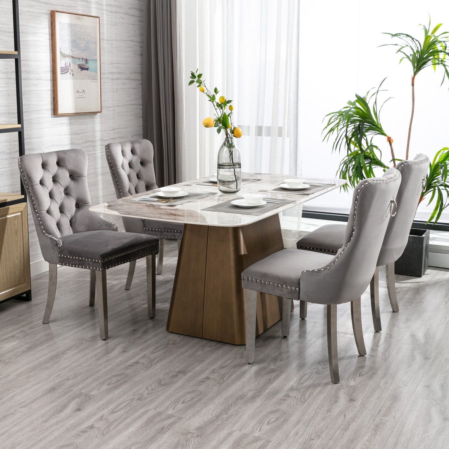 Nikki - Modern, High-End Tufted Solid Wood Contemporary Velvet Upholstered Dining Chair With Chrome Stainless Steel Plating Legs, Nailhead Trim (Set of 2) - Gray / Chrome
