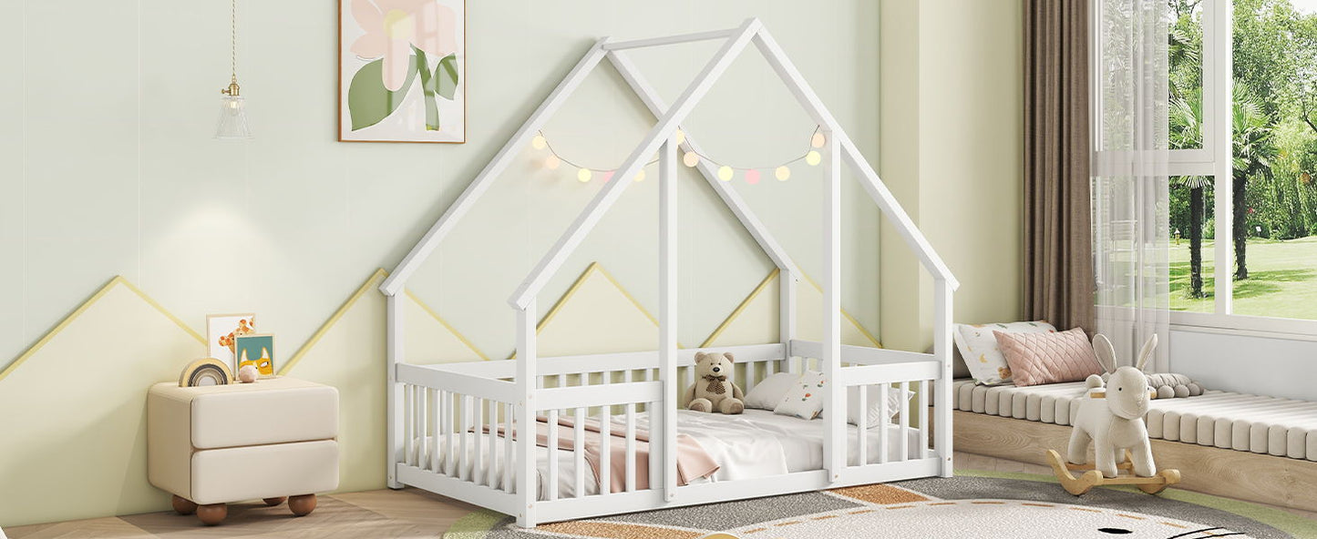 Twin Wood House-Shaped Floor Bed With Fence, Guardrails - White