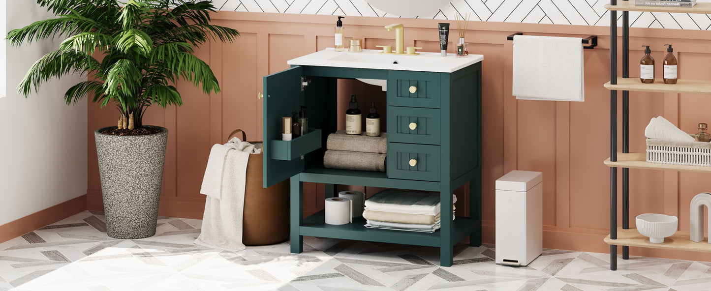 Transitional Style Bathroom Vanity Cabinet Combo With Ceramic Sink - Green