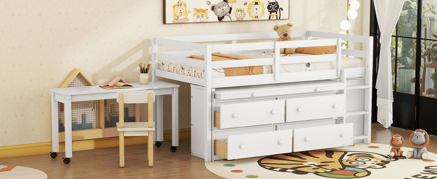 Twin Size Loft Bed With Retractable Writing Desk And 4 Drawers, With Lateral Portable Desk And Shelves - White