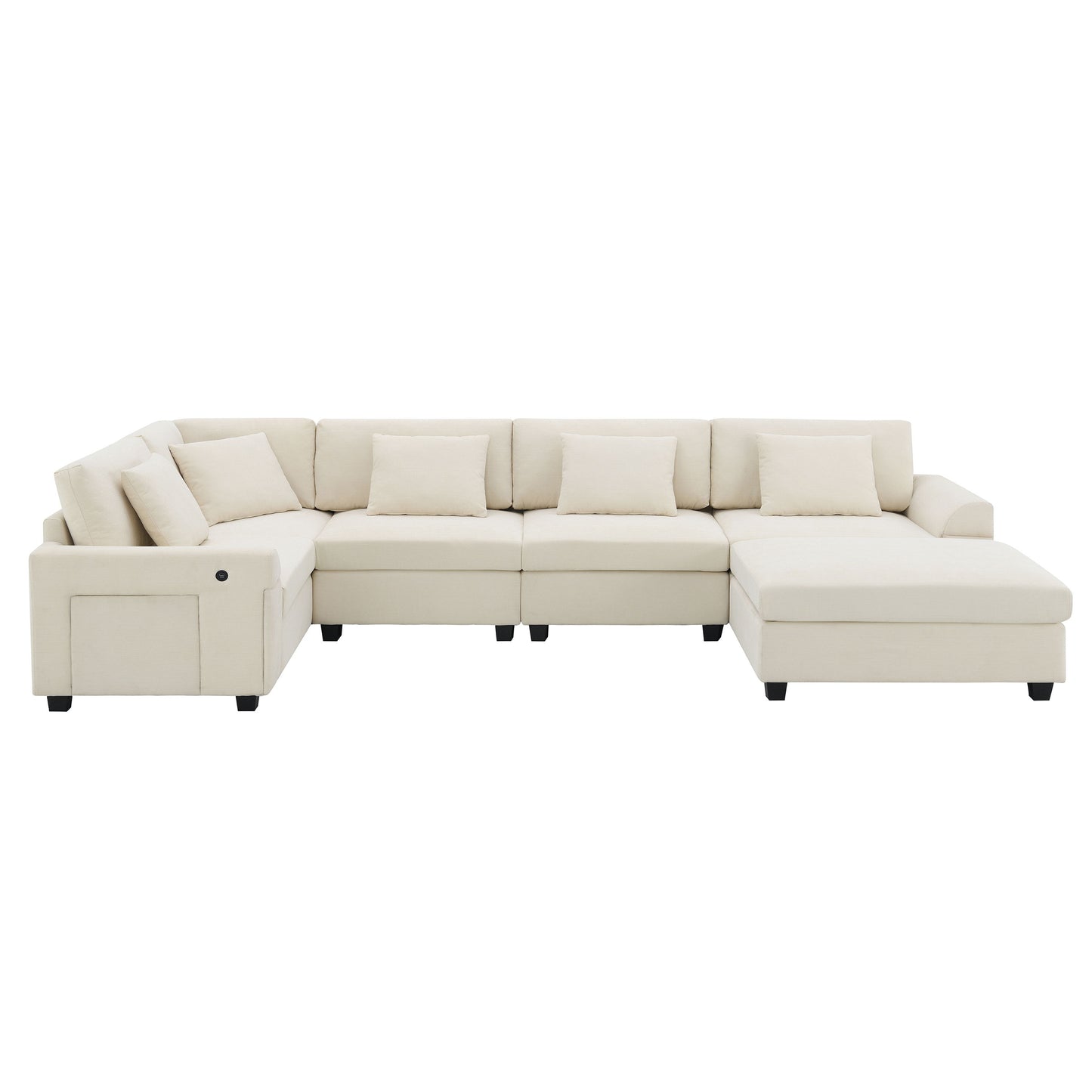 U Shaped Sectional Sofa 6 Seat Couch Set With Oversized Ottoman, Hidden Armrest Storage And Cup Holders USB Charging Ports Wide Seat Sofa - Off White