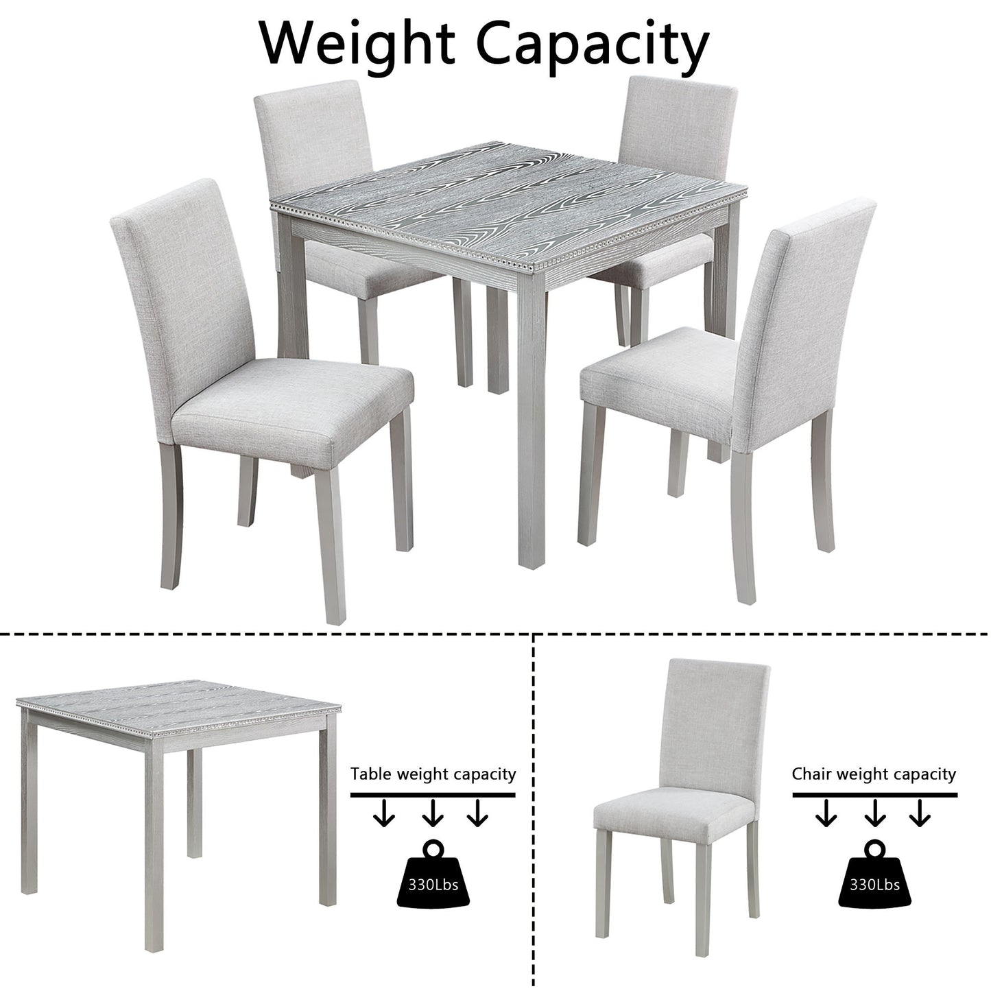 5 Piece Wooden Dining Table Set, Kitchen Table Set With A Square Table And 4 Upholstered Chairs, Wooden Dining Room Table With Crystal Decoration And Chairs Set For Kitchen, Dining Room - Silver Gray