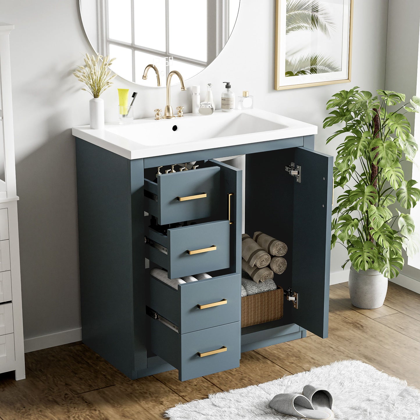 Bathroom Vanity With Ceramic Sink Combo, Frame Bathroom Storage Cabinet, Freestanding Vanity Set With 3 Drawers & Soft Closing Doors - Blue
