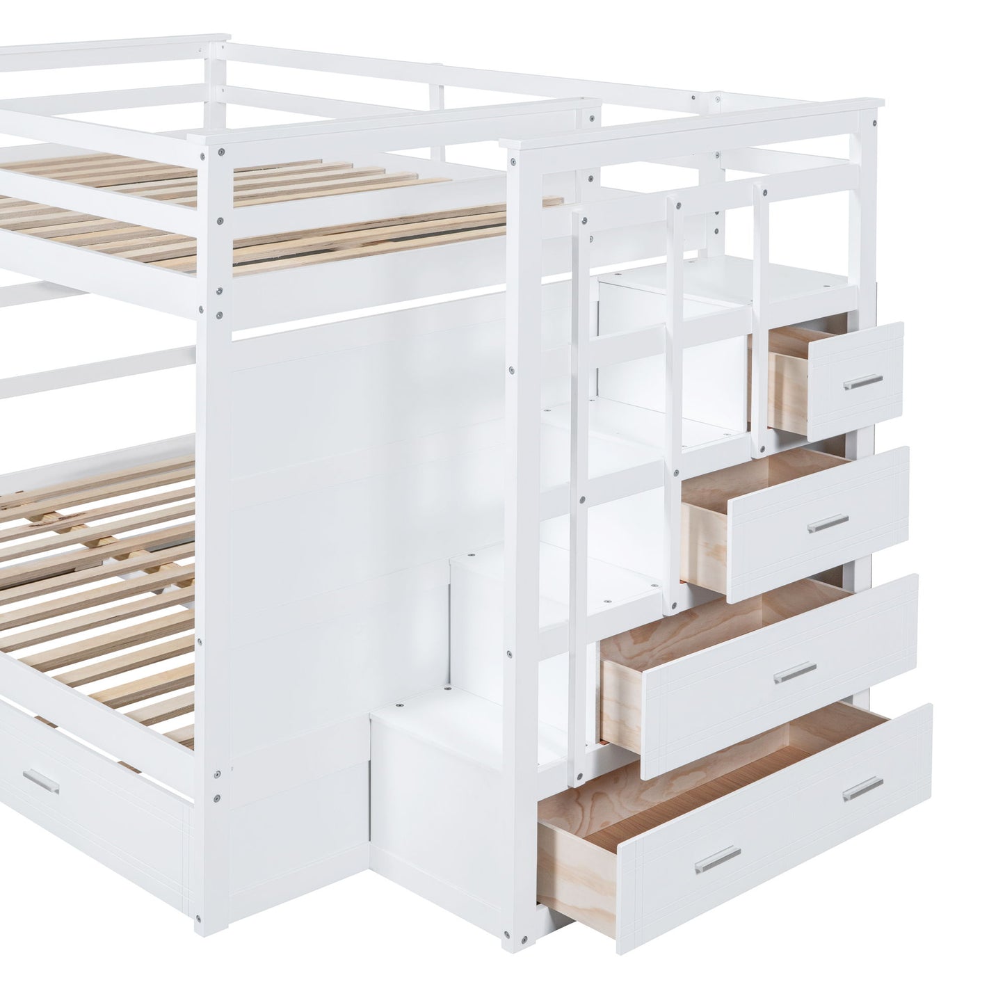 Full Over Full Bunk Bed With Twin Size Trundle And Staircase - White
