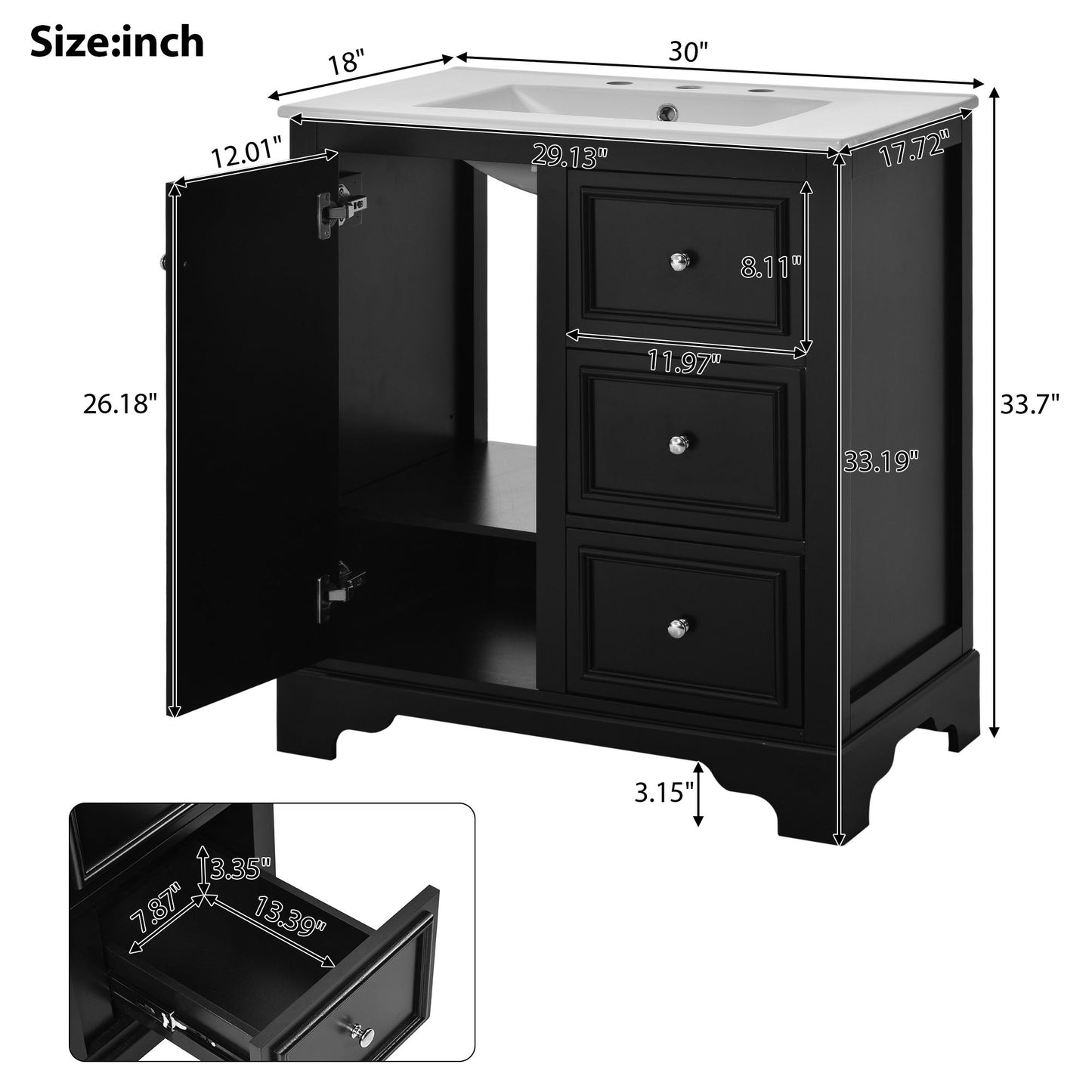 Bathroom Vanity Cabinet With Ceramic Basin, 3 Drawers And Adjustable Shelves - Black