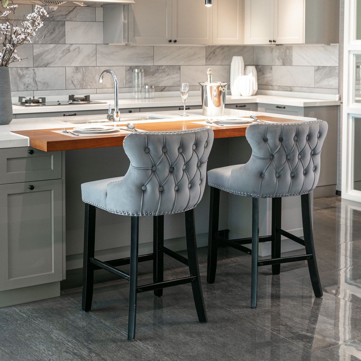 Contemporary Velvet Upholstered Wing-Back Barstools With Button Tufted Decoration And Wooden Legs, And Chrome Nailhead Trim, Leisure Style Bar Chairs, Bar Stools (Set of 4) - Gray