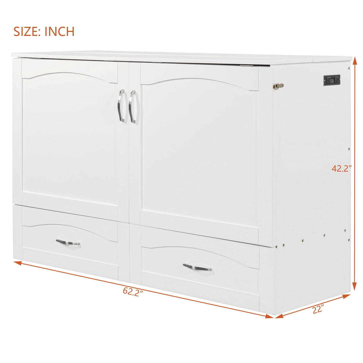 Queen Size Murphy Wall Bed With Drawer And A Set Of Sockets & USB Ports, Pulley Structure Design - White