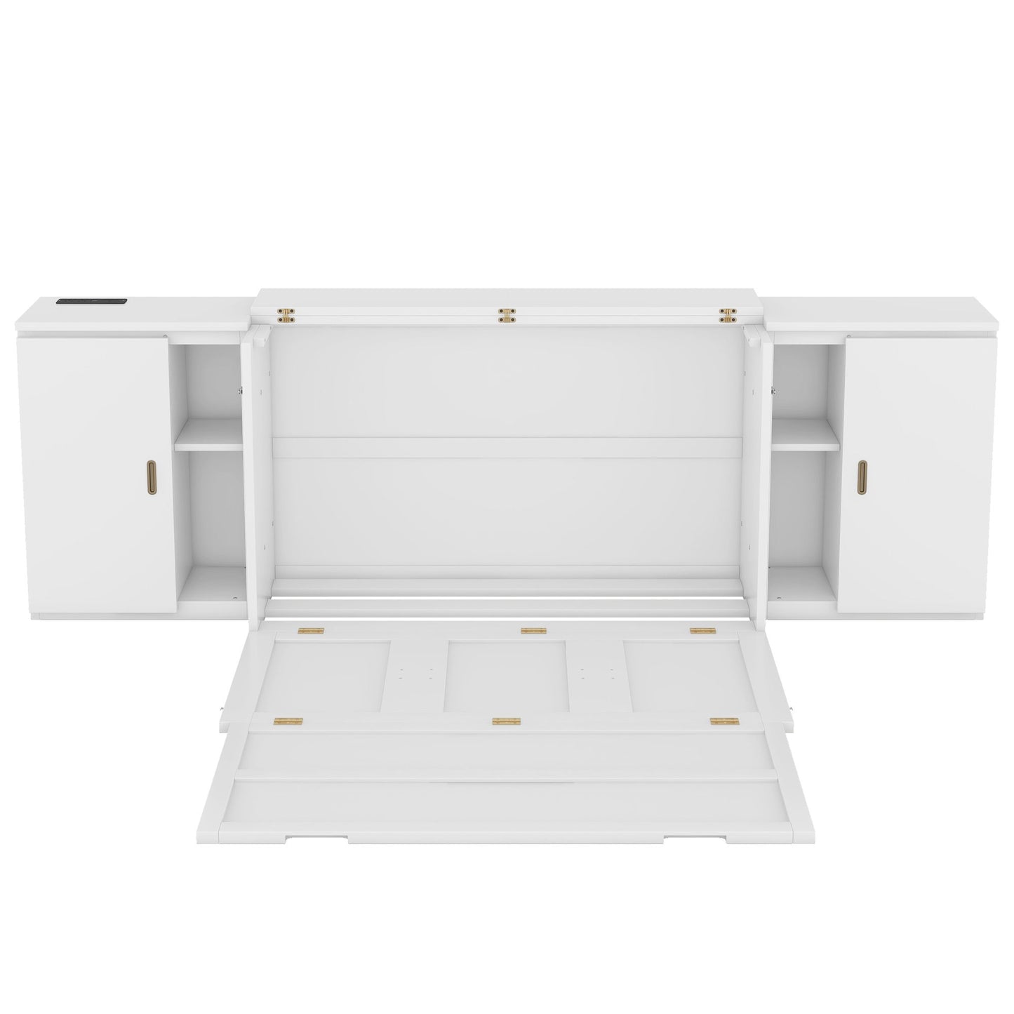 Full Size Murphy Bed With Shelves, Cabinets And USB Ports - White