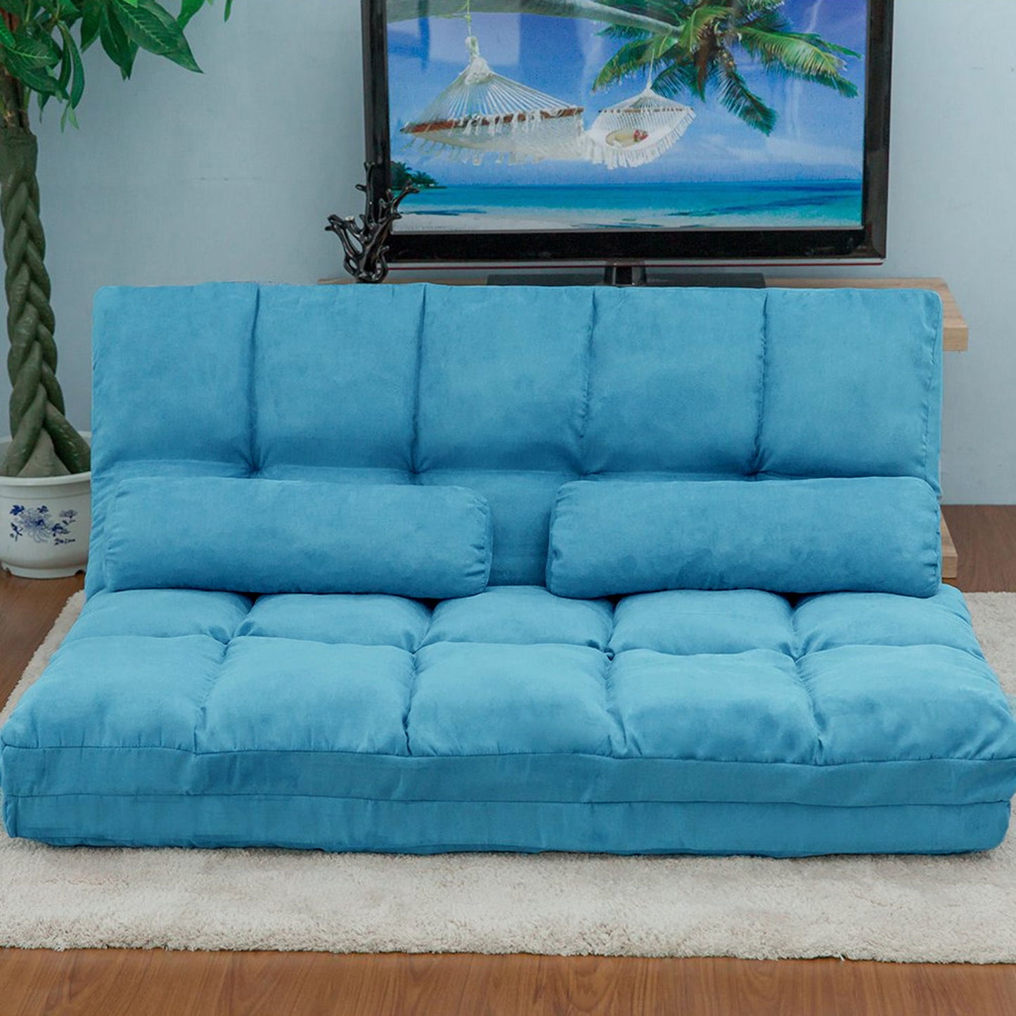 Double Chaise Lounge Sofa Floor Couch And Sofa With Two Pillows - Blue