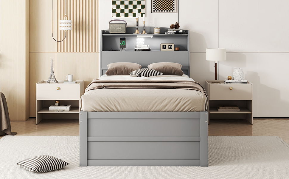 Twin Size LED Platform Bed With Trundle With Storage Headboard With Drawers - Gray