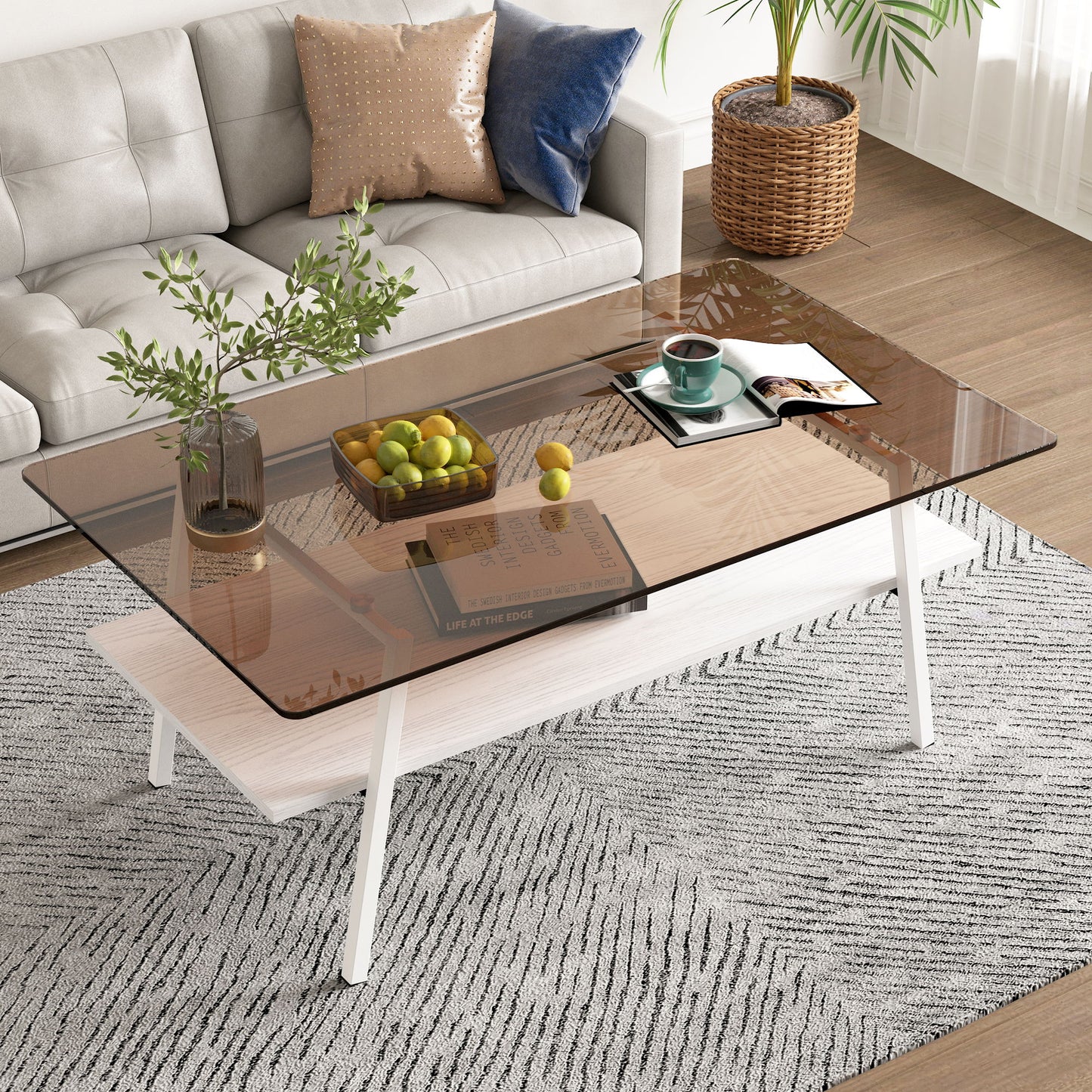 Rectangle Coffee Table, Tempered Glass Tabletop With White Metal Legs, Modern Table For Living Room - Brown / White