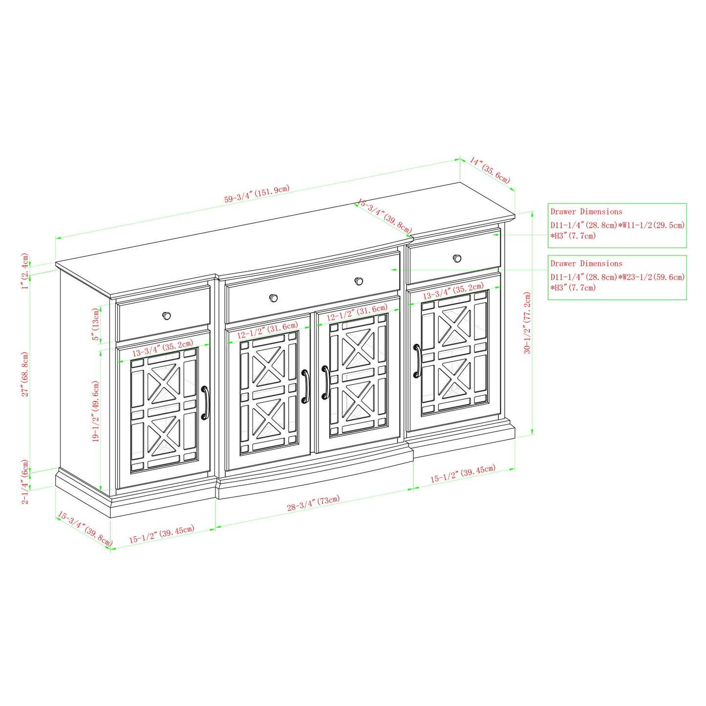 Classic Fretwork Detailed Glass Door Sideboard - Dark Teal