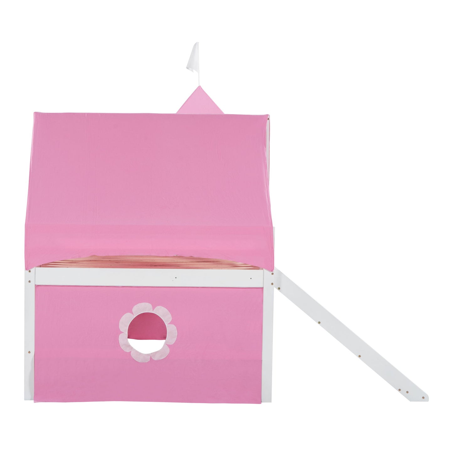 Full Size Loft Bed With Slide And Tent Tower Space Saving Fun Design For Kids - Pink