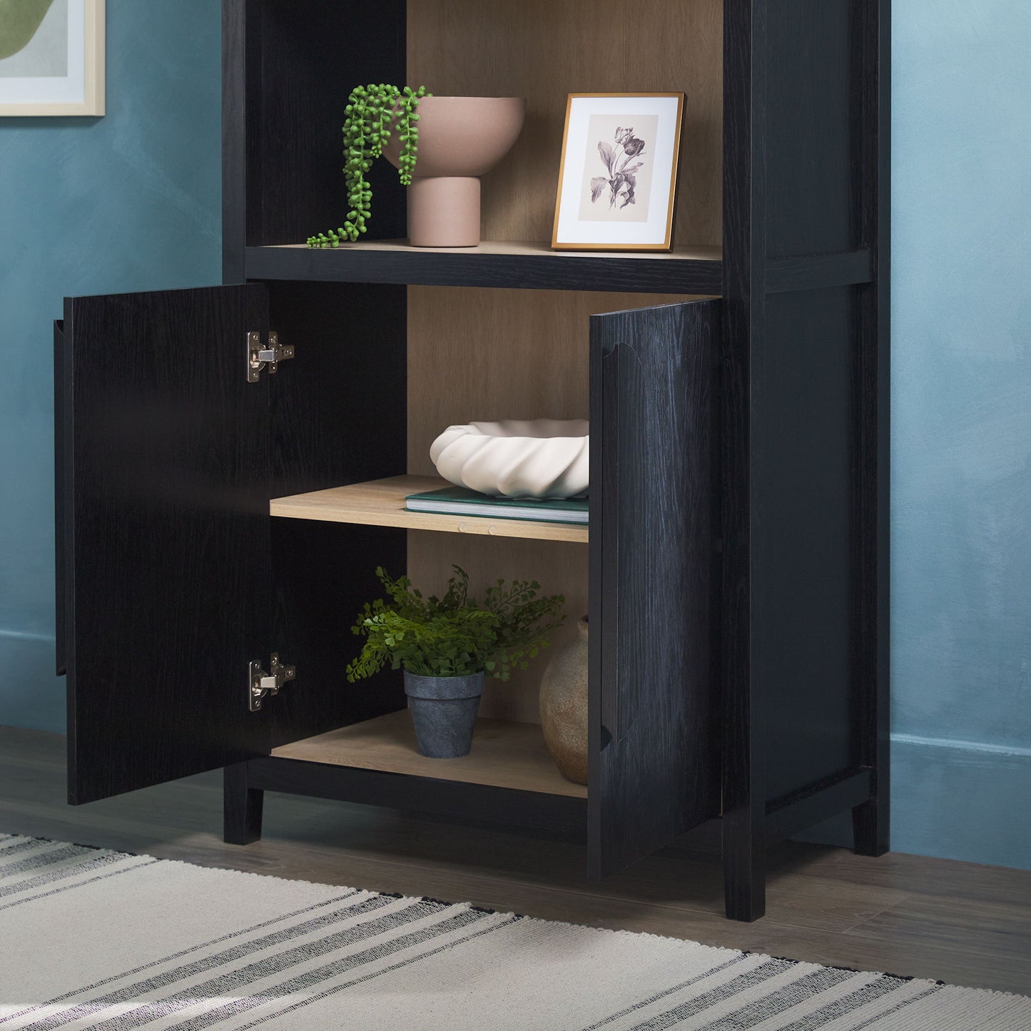 Modern 3 Shelf Open Arched Bookcase Cabinet - Black