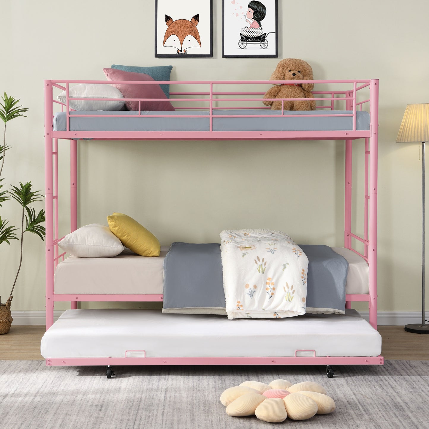 Modern Metal Bunk Bed With Trundle, Durable Steel, Twin Over Twin - Pink