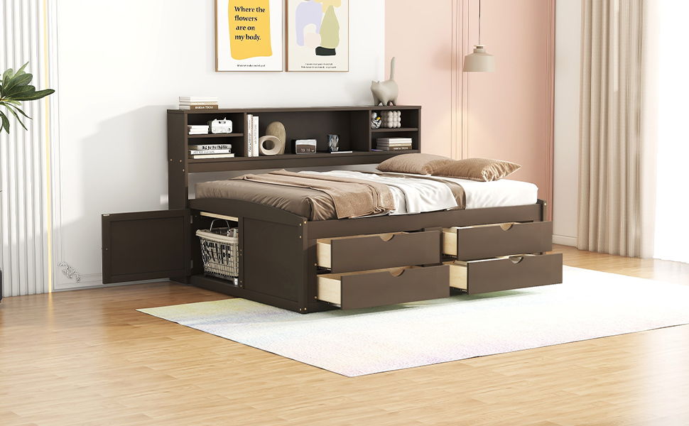 Full Size Daybed With 2 Bedside Cabinets, Upper Shelves And 4 Drawers - Antique Brown