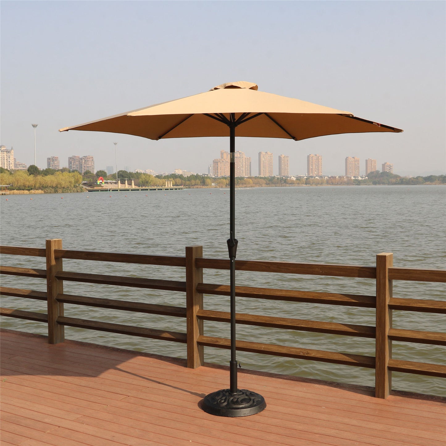 8.8' Outdoor Aluminum Patio Umbrella, Patio Umbrella, Market Umbrella With 33 Pounds Round Resin Umbrella Base, Push Button Tilt And Crank Lift - Taupe