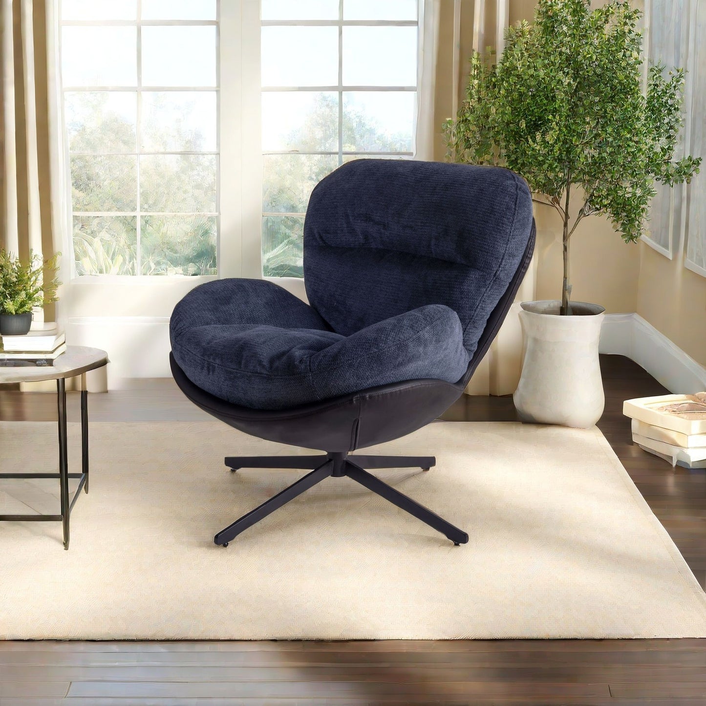 360ÔøΩÔøΩ Swivel Office Chair, Modern Chenille Chair With And Metal Base Frame, No Wheels, Accent Chair - Dark Blue