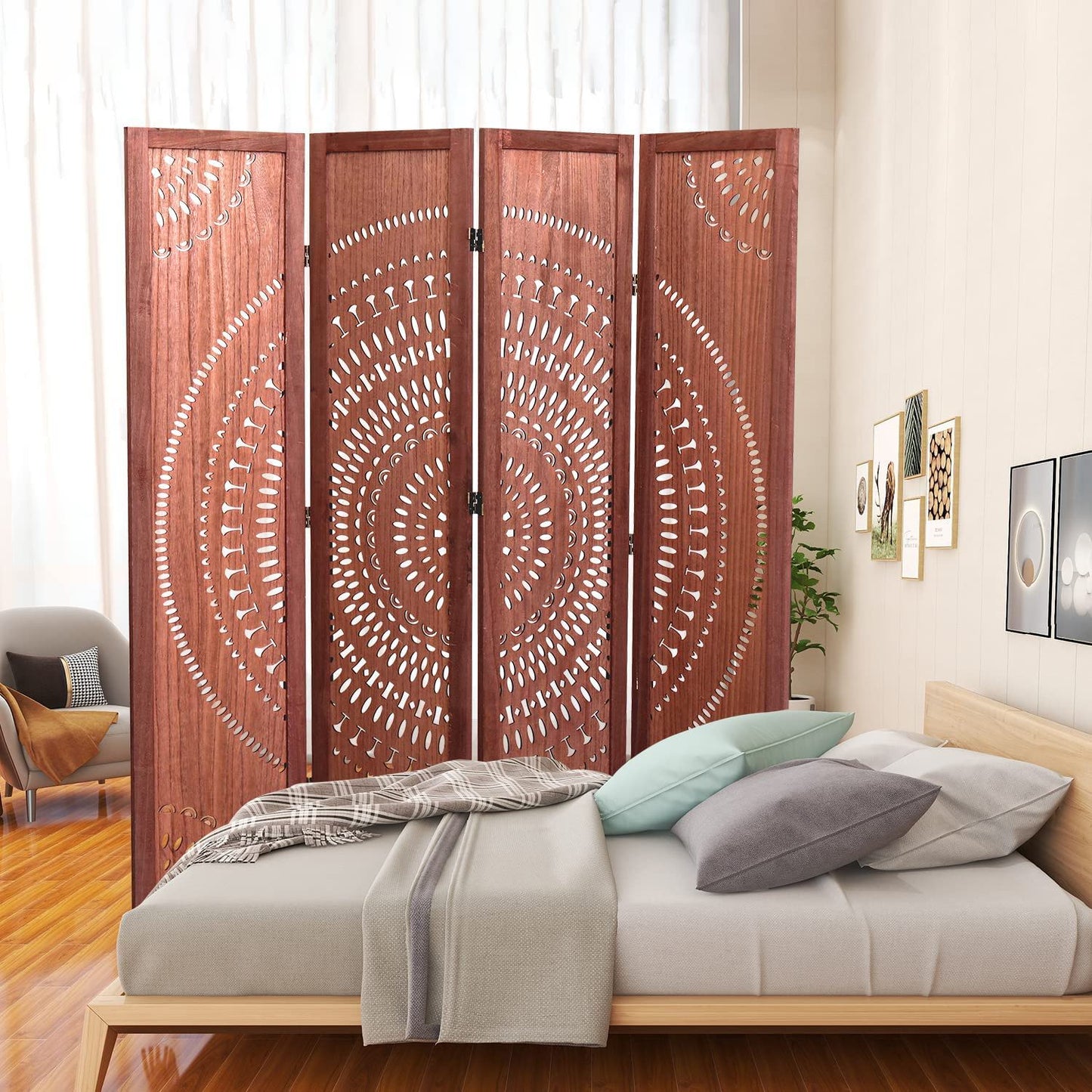 Panel Solid Wood Folding Room Divider - Brown